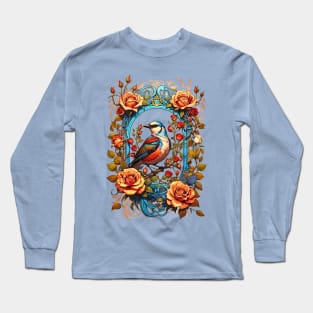 Bird on a branch with roses retro vintage floral design Long Sleeve T-Shirt